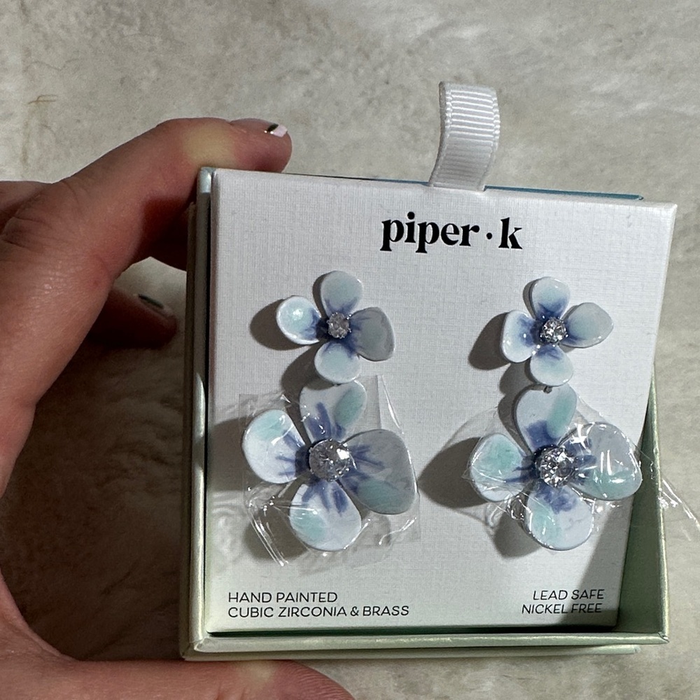 Piper K hand painted CZ and brass floral blue and white dangle earrings